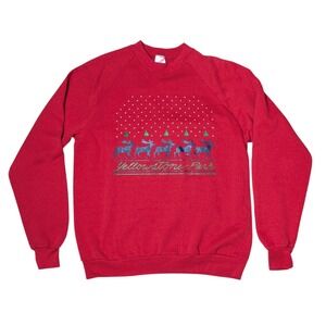Vintage Jerzees U.S.A. Yellowstone Red Retro Christmas Sweater Reindeer Women XL